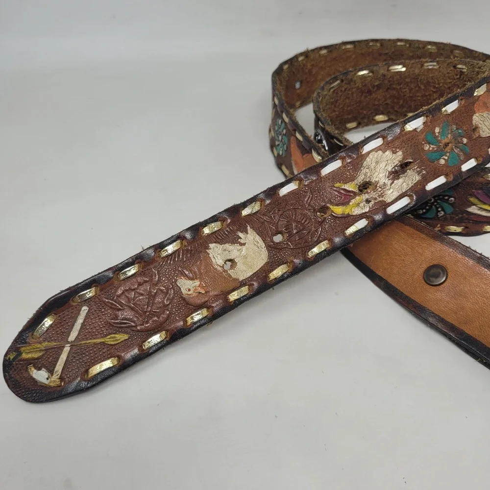 Brown Leather Belt 38 Painted Tooled Leather Concho Western Ranch Cowboy Rodeo